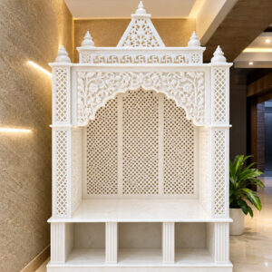 ⁠Vietnam white marble shikhar mandir with front marble desk