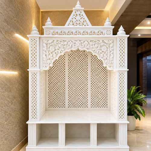 Vietnam white marble shikhar mandir with front marble desk